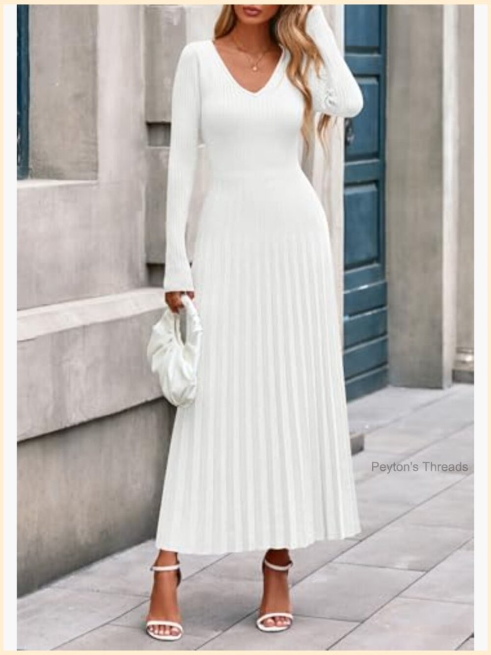 Long Sleeve V-Neck Ribbed Knit Pleated A-Line Maxi Sweater Dress - Picture 2 of 7